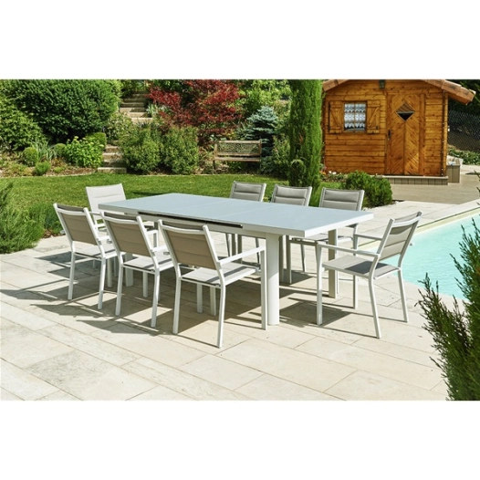 table de jardin allongeable en aluminium perle + plateau verre texturé fumé - jardiline