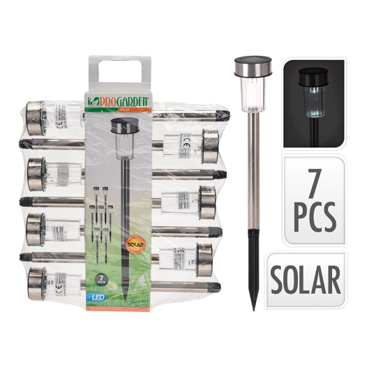 pack 7 piquets de jardin solaires. acier inoxidable. 1 led ip44 ø4,6 x 36,5 cm