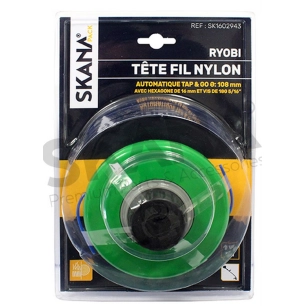 tête fil nylon à déroulement automatique avec 2 fils pour désherbeuses ryobi. montage sur hexagone de 16 mm, bouton avec vis de