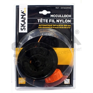 tête fil nylon à déroulement automatique avec 2 fils pour désherbeuses mcculloch. montage sur hexagone de 16 mm, bouton avec vis