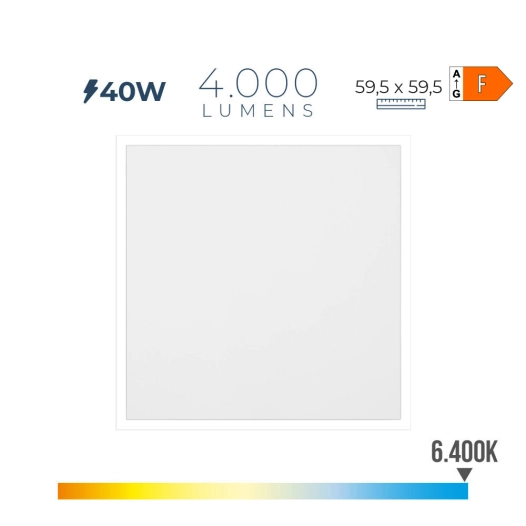panneau led 40 w, 4300 lm, ra80, 6400 k, lumière froide, 59,5 x 59,5 x 2,9 cm