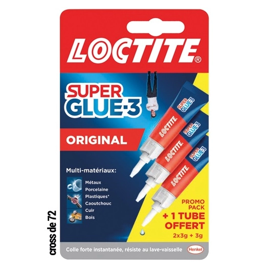 super glue3 colle liquide 3 g 2 tubes + 1 gratuit cross x72 - loctite
