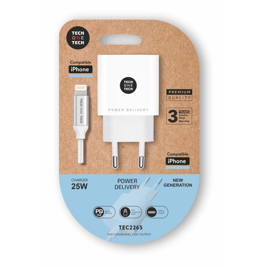 chargeur pd ultra-rapide 25w + câble nylon 1m lightning blanc