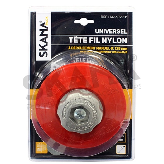 tête pro 2 fils nylon à bouton métal avec adaptateur mâle gauche m10 x 1,25 m/g. déroulement manuel du fil. pour débroussailleus