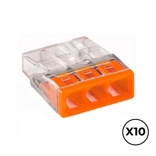 connecteur rapide 3 conducteurs rigides, ø maximum 2,5 mm², transparent / orange. contient 10 unités
