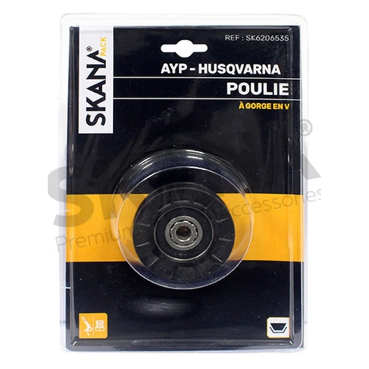 poulie à gorge en v sur roulement adaptable. ø extérieur : 63,6 mm ø intérieur : 9,5 mm hauteur : 18,9 mm remplace origine 16