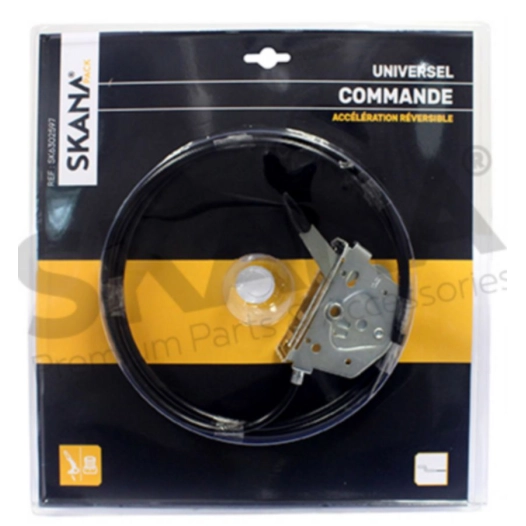 commande d'accélération universelle. en métal avec câble réversible. longueur câble : 1800 mm  longueur gaine : 1670 mm course :