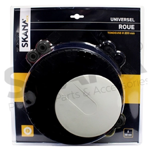 roue universelle ø 200 mm. avec enjoliveur et jeux de bagues. pour ø d'axe : 8, 10 ou 12 mm.