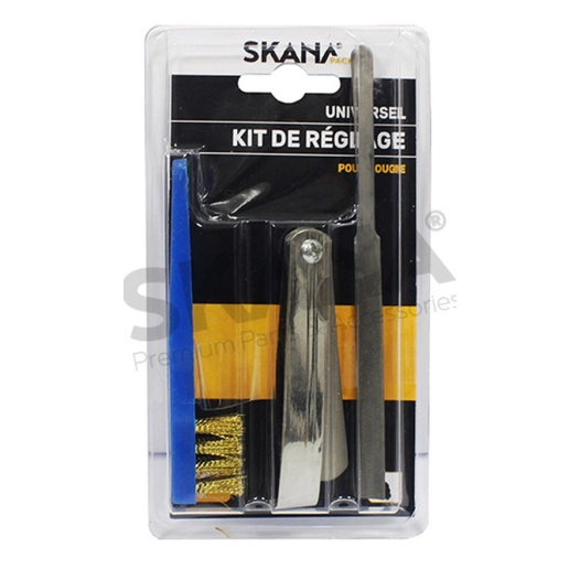 kit de réglage pour bougie d'allumage. comprenant 1 jeu de cales d'épaisseur, 1 lime plate et 1 brosse de nettoyage.