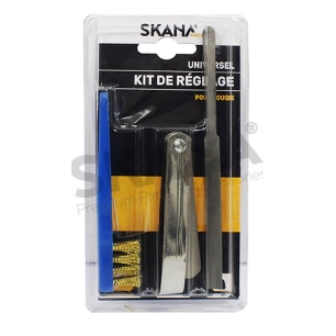 kit de réglage pour bougie d'allumage. comprenant 1 jeu de cales d'épaisseur, 1 lime plate et 1 brosse de nettoyage.