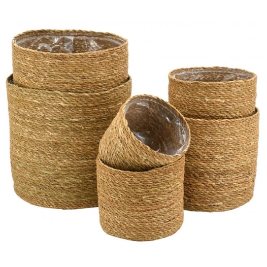 série de six cache-pots ronds en jonc naturel - aubry gaspard