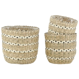 série de trois cache-pots ronds en jonc naturel/noir - aubry gaspard