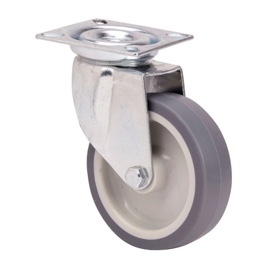 roue pivotante en caoutchouc avec plaque et axe lisse, couleur grise, charge max. 60 kg, ø 8 cm