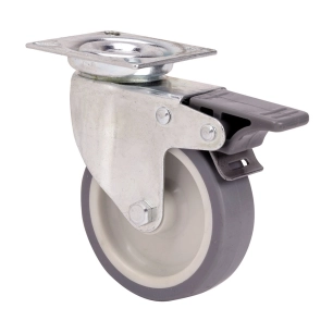 roue pivotante en caoutchouc avec plaque, axe lisse et frein, couleur grise, charge maximale 60 kg, ø 8 cm