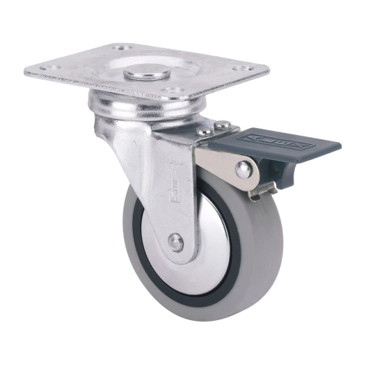 roue pivotante en caoutchouc avec plaque, frein et axe lisse, couleur grise, max. charge 17 kg, ø 4 cm
