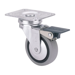 roue pivotante en caoutchouc avec plaque, frein et axe lisse, couleur grise, max. charge 17 kg, ø 4 cm