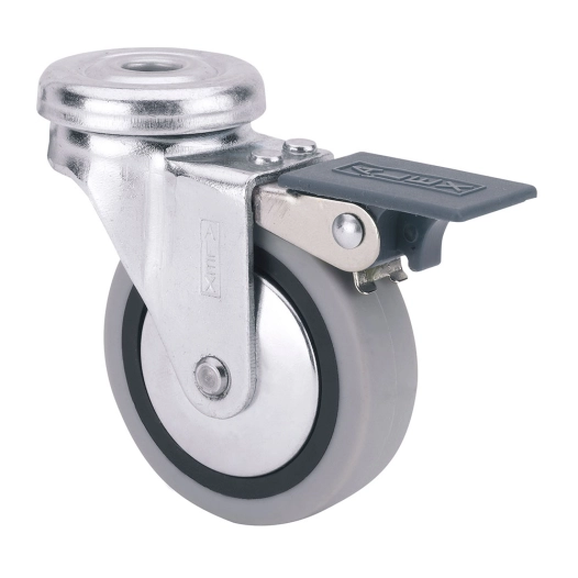 roue pivotante en caoutchouc avec trou, frein et axe lisse, couleur grise, max. charge 17 kg, ø 4 cm
