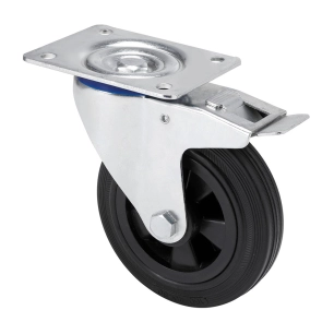 roue pivotante en caoutchouc naturel avec plaque, axe lisse et frein, couleur noire, charge maximale 110 kg, ø 12,5 cm