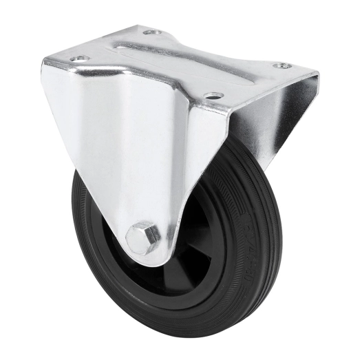 roue fixe en caoutchouc naturel avec plaque et axe lisse, couleur noire, max. charge 110 kg, ø 12,5 cm