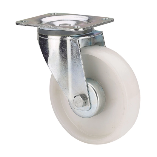 roue pivotante avec plaque et axe lisse, couleur blanche, charge max. 150 kg. ø 10 cm