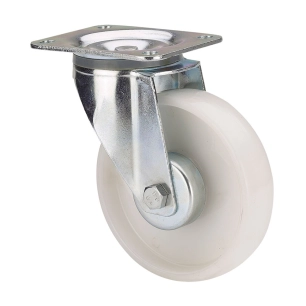 roue pivotante avec plaque et axe lisse, couleur blanche, charge max. 170 kg. ø 12,5 cm