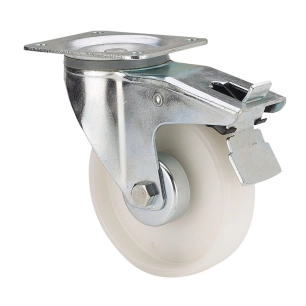 roue pivotante polyamix avec plaque, axe lisse et frein, blanche, charge max. 170 kg, ø 12,5 cm