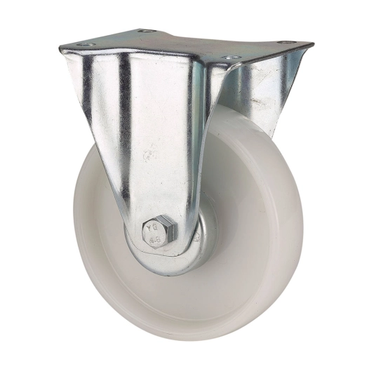 roue fixe poliamix avec plaque et axe lisse, couleur blanche, max. charge 130 kg, ø 8 cm