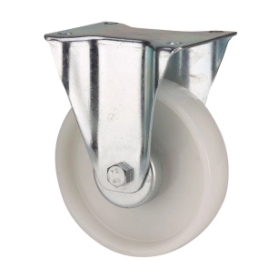 roue fixe poliamix avec plaque et axe lisse, couleur blanche, max. charge 150 kg, ø10 cm