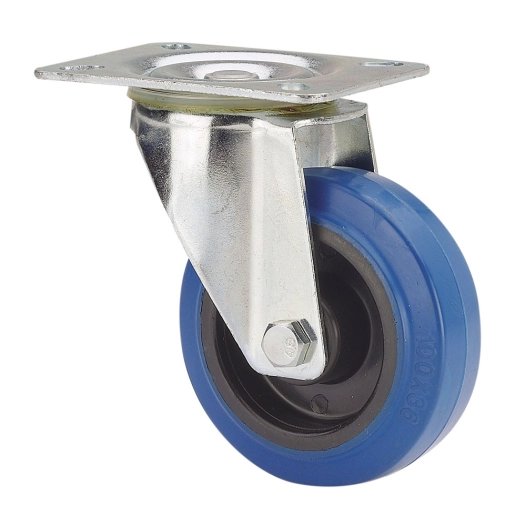roue pivotante en caoutchouc avec plaque et rouleau, couleur bleue, charge max. 130 kg, ø 12,5 cm