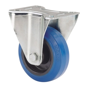 roue fixe en caoutchouc, avec plaque à rouleaux et axe, couleur bleue, charge max. 100 kg, ø 10 cm
