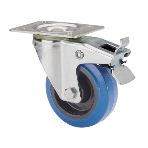 roue pivotante en caoutchouc avec plaque, axe à rouleau et frein, couleur bleue, charge max. 80 kg, ø 8 cm