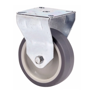 roue fixe en caoutchouc avec plaque et axe lisse, couleur grise, charge max. 40 kg, ø 5 cm
