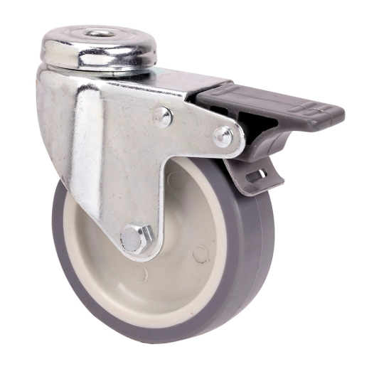 roue pivotante en caoutchouc avec trou, axe lisse et frein, couleur grise, max. charge 40 kg, ø 5 cm
