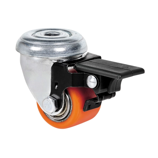 roue pivotante avec trou et frein, roulement à billes, couleur orange, charge max. 100 kg, ø 3,5 cm