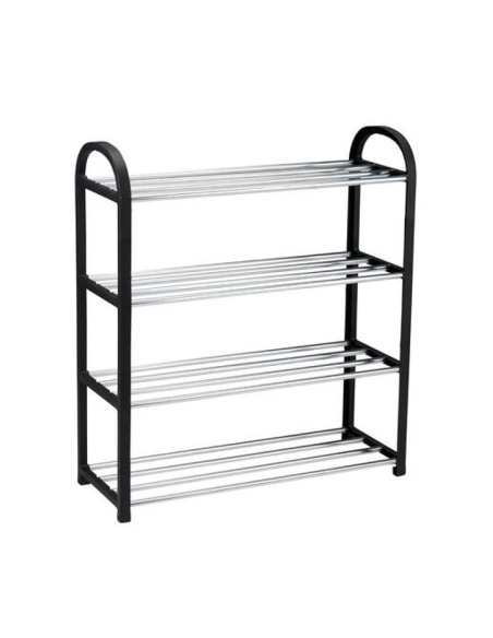 étagère à chaussures 4 niveaux, noire et aluminium, 50 x 18,5 x 57 cm