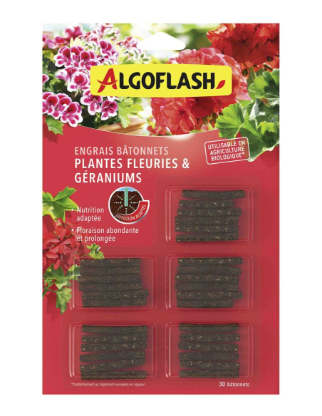 bâtonnets d'engrais plantes fleuries et géraniums uab lot de 30 - algoflash