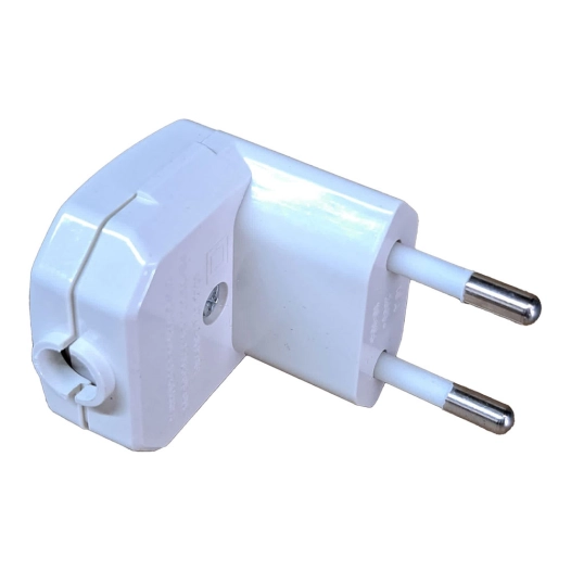 fiche 2p 10a 250 v coudée à 90° blanche (sous film rétractable)