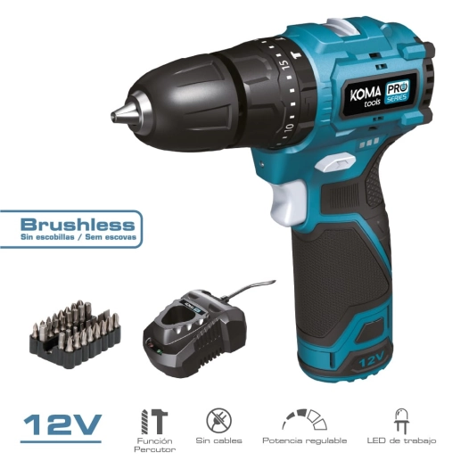 kit de perceuse à marteau sans balais 12 v avec accessoires, batterie et chargeur