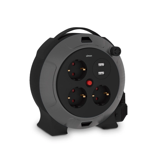 enrouleur de câble avec 2 prises usb a, 3 prises schuko 2p+tt, 16 a, 230 v~, h05vv-f 3 g 1,5 mm², 5 m, noir/gris