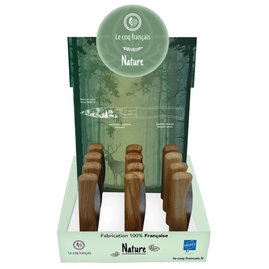 prã©sentoir + 12 couteaux le coq 6 'nature forãªt' et 6 'nature chãªne' - manche chãªne - french touch arts com