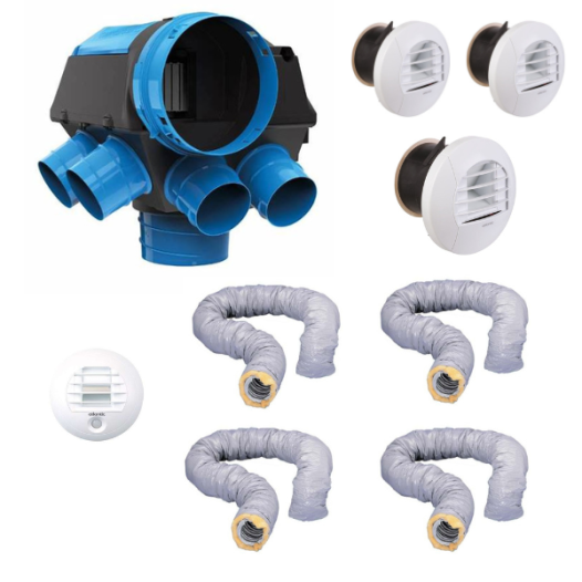 Kit complet VMC Hygro BC2 hygro basse conso 6 sanitaires (4 bouches + 5 gaines) - ATLANTIC