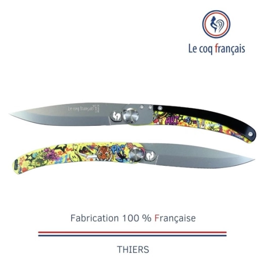 couteau de poche le coq original-acrylique noir-pop art jaune - french touch arts ld