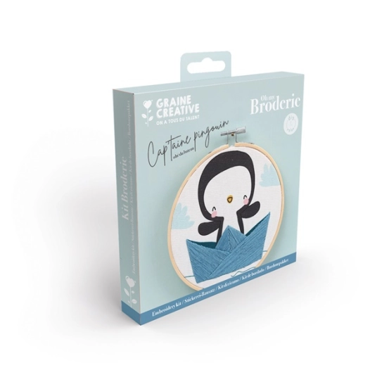 kit broderie partielle cap'taine pingouin ã¸15 cm - graine creative