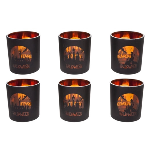 bougeoir halloween 6ass noir orange verre 7x7x8cm - billiet ld
