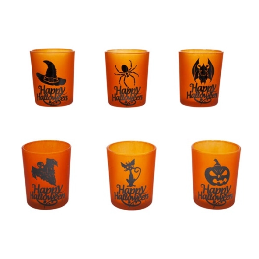 bougeoir happy halloween 6ass verre orange noir 5.5x5.5x6.5cm - billiet ld