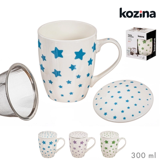 tasse à infusion imprimée étoile avec filtre et couvercle, modèles assortis, 300 ml