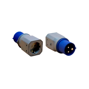 adaptateur cetac mâle vers schuko femelle, 2p+t, 250 v 16 a, bleu et gris