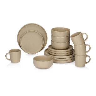 service de petit déjeuner en céramique taupe 16 pièces