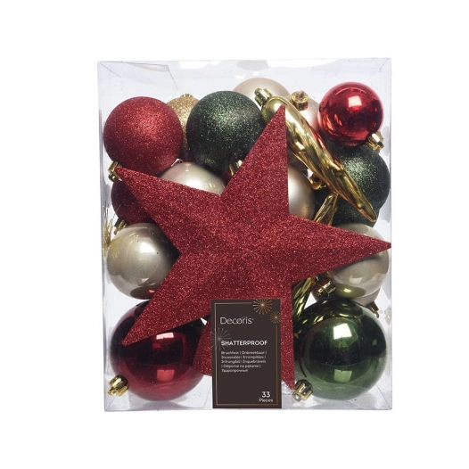 accessoires de décoration pour sapin de noël. couleurs: vert, or et rouge, 33pièces