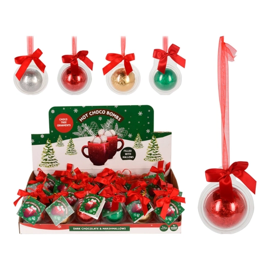 boule et ruban en plastique, contient un chocolat, couleurs assorties